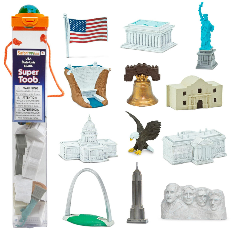 Safari Ltd. USA Super Toob Toy Figures Of Lincoln Memorial Hoover Dam Liberty Bell Alamo Mt. Rushmore Statue Of Liberty Capital White House