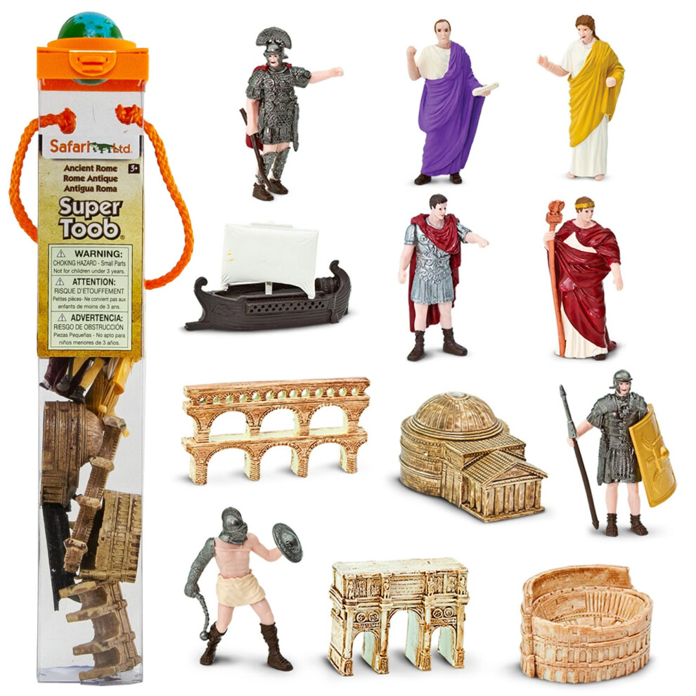 Safari Ltd. Ancient Rome Super Toob Mini Figurines: Gladiator Noblewoman Centurion Senator Caesar Emperor Colosseum Aqueduct Pantheon & More