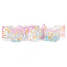 Metallic dobbelspellen LIc616 16 mm heldere dobbelstenen van speciale hars met roze'44 zilveren en blauwe glitter - gouden cijfers - set van 7