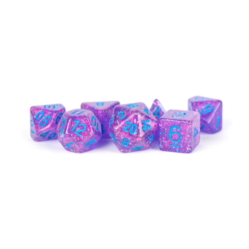 Metallic Dice LIc683 Flash Dice, Lila med Blå Nummer - Set om 7