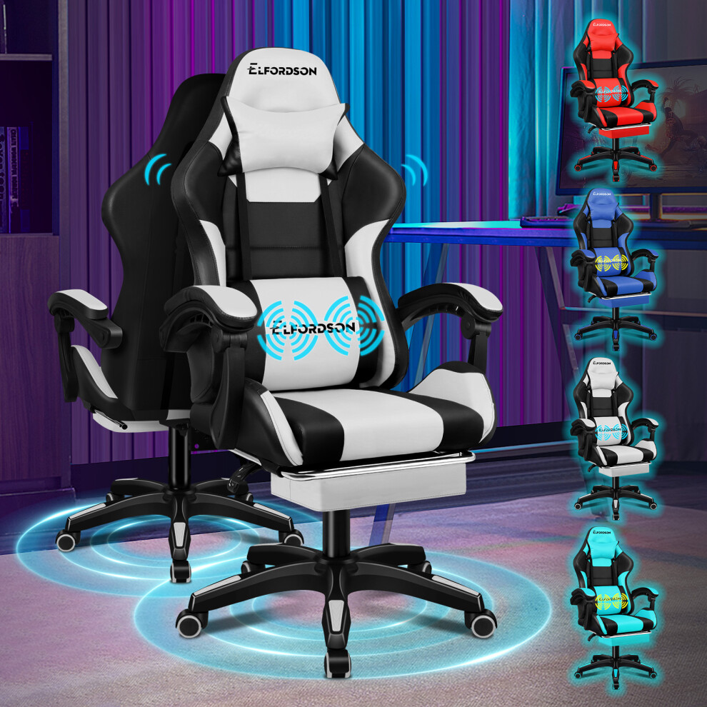 (Elite - White) ELFORDSON Gaming Office Chair Extra Large Pillow Racing Footrest Seat PU Leather