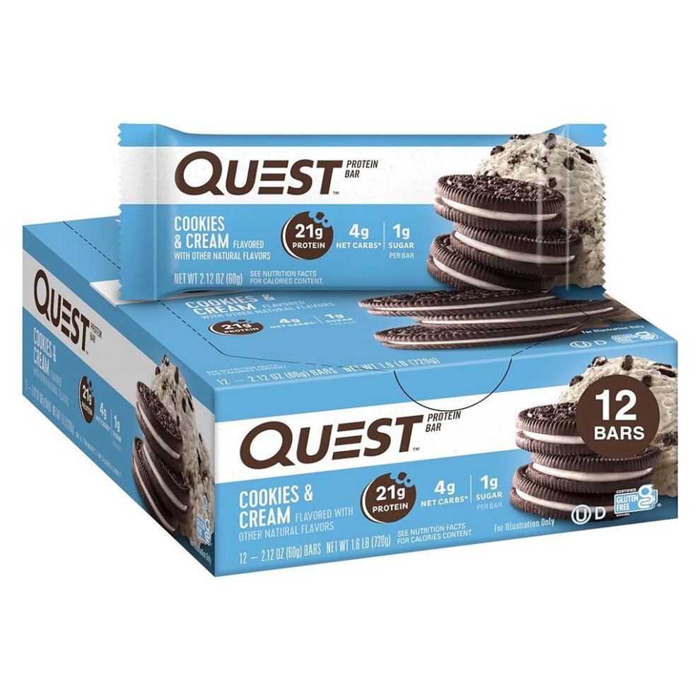 Quest Nutrition Cookies & Cream Flavoured Protein Bar| long-lasting supply of protein-rich snacks - 60g, Pack of 12's