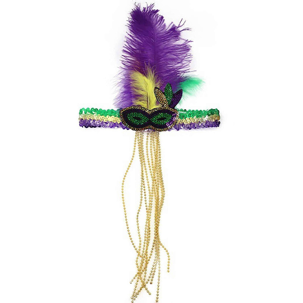 (Yellow) Mardi Gras Feather Headband Sequins Glitter Hair Band For Adult