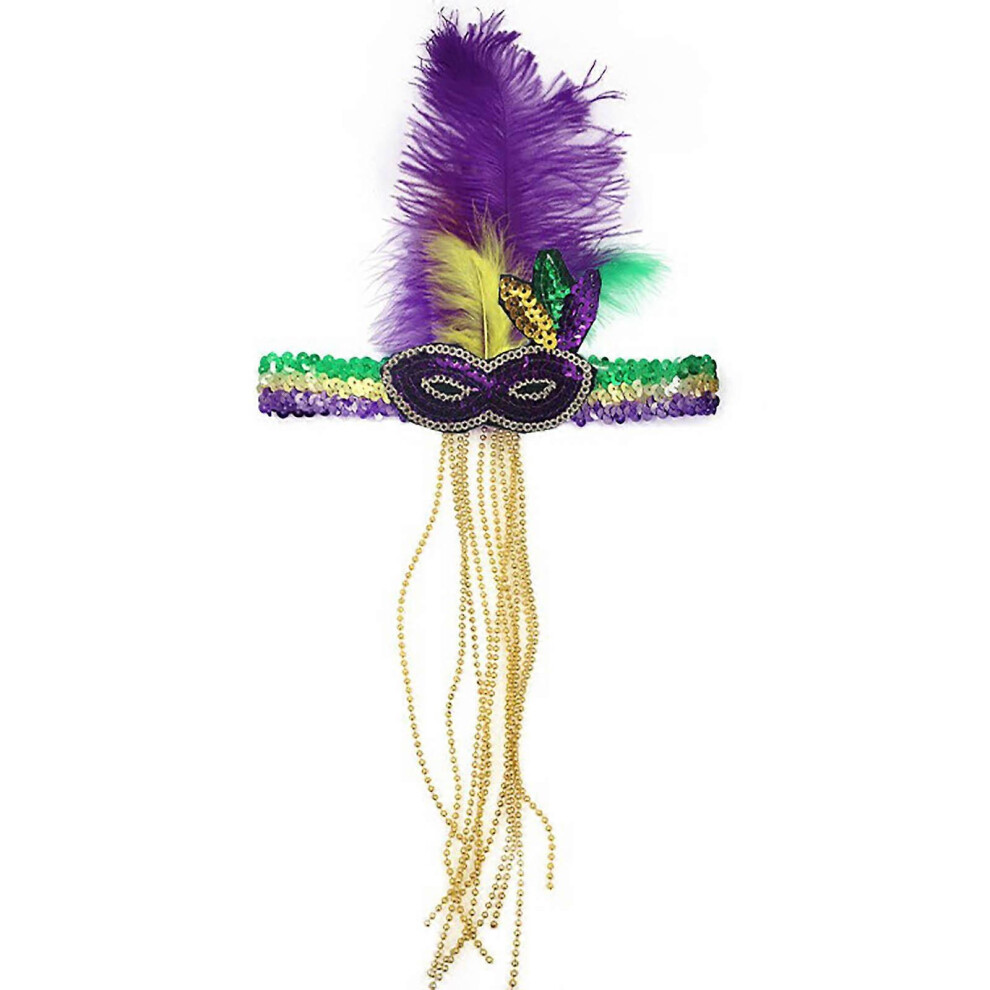 (Multicolor) Mardi Gras Feather Headband Sequins Glitter Hair Band For Adult