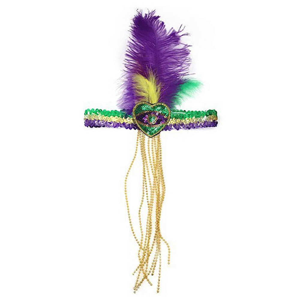 (Gold) Mardi Gras Feather Headband Sequins Glitter Hair Band For Adult