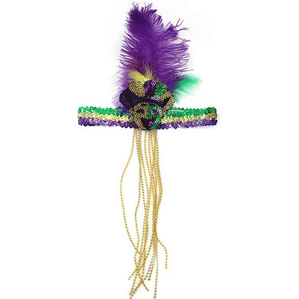 (Beige) Mardi Gras Feather Headband Sequins Glitter Hair Band For Adult