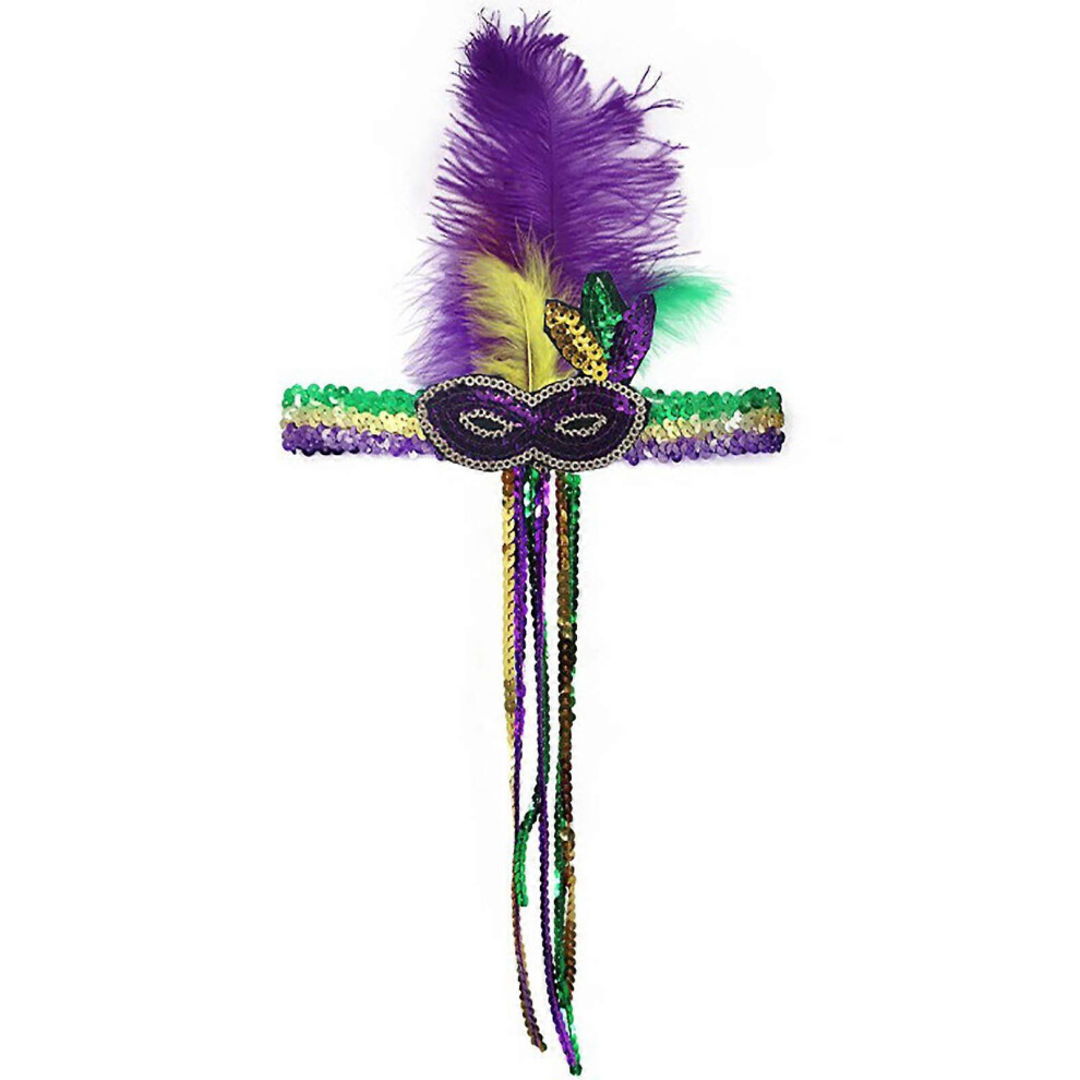(Black) Mardi Gras Feather Headband Sequins Glitter Hair Band For Adult