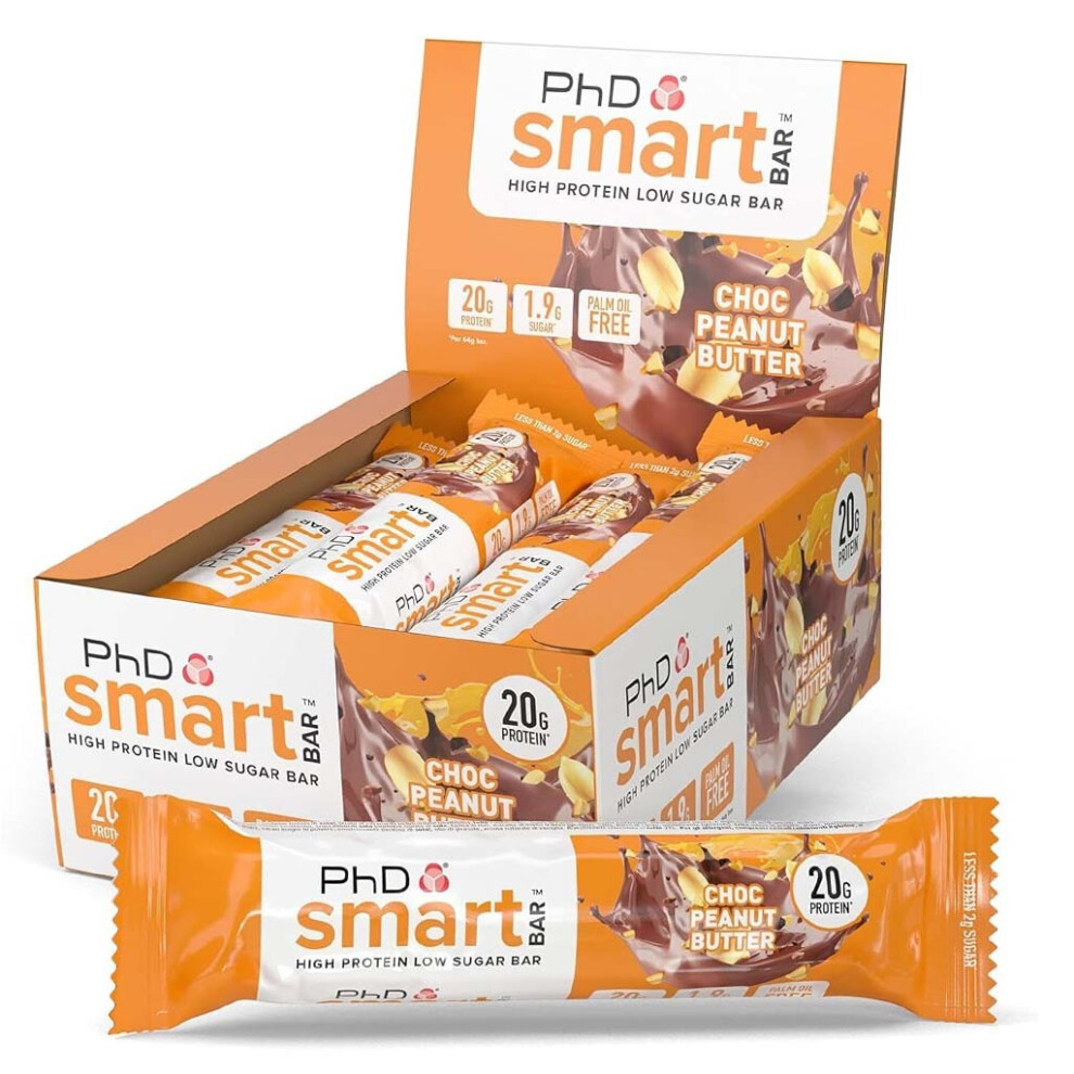 PhD Nutrition Smart Chocolate Peanut Butter Protein Bar, High Protein, Low Sugar, Healthy Snack - 64g, Pack of 12