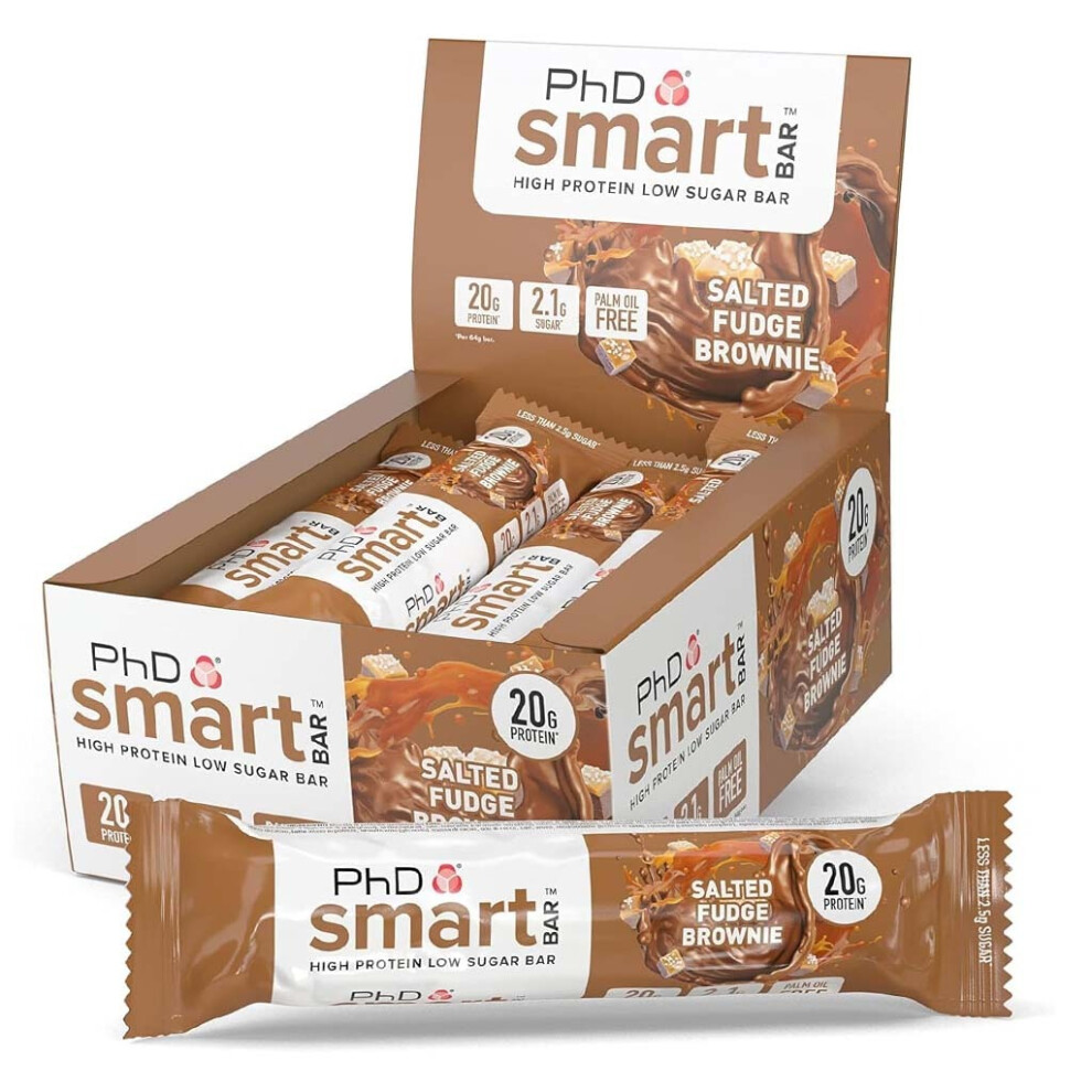 PhD Nutrition Smart Salted Fudge Brownie Protein Bar, High Protein, Low Sugar, Healthy Snack - 64g, Pack of 12