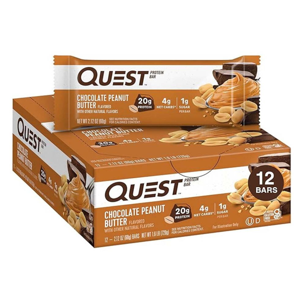 Quest Nutrition Chocolate Peanut Butter Protein Bar, High Protein, Low Sugar, Keto-Friendly Snack - 60g, Pack of 12