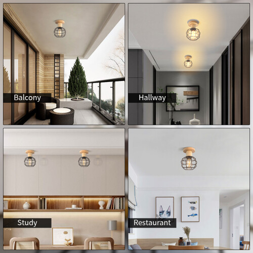 Retro E27 Eisen Holz Deckenlampe Runde Käfig Deckenleuchte Moderne Deckenlampe Für Eingangsbereich Flur Schwarz 1