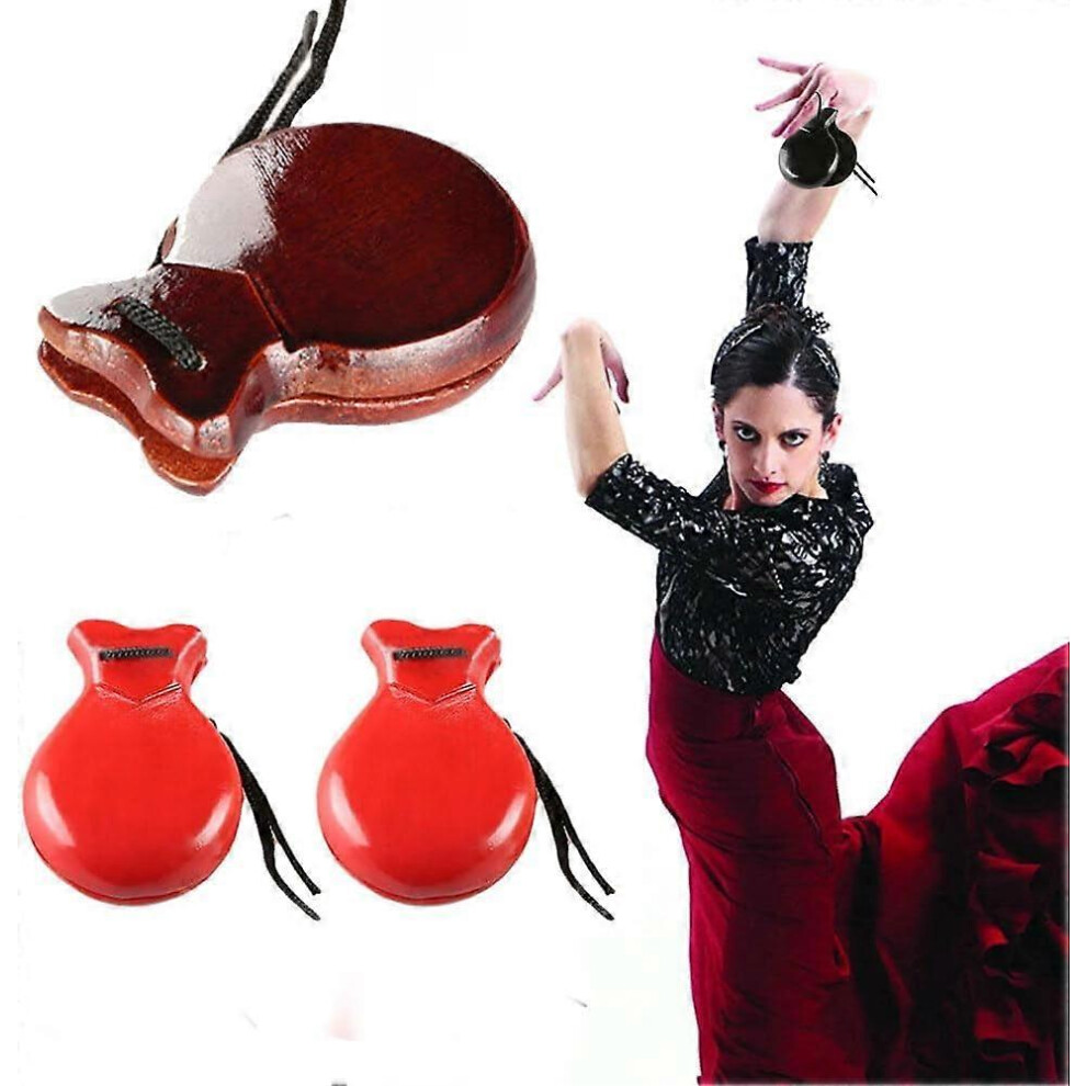 (red) 1 Pairs Wood Spanish Castanets Flamenco Dance Castanets, Traditional Spanish Flamenco Castanets Hand Castanets Percussion Instrument