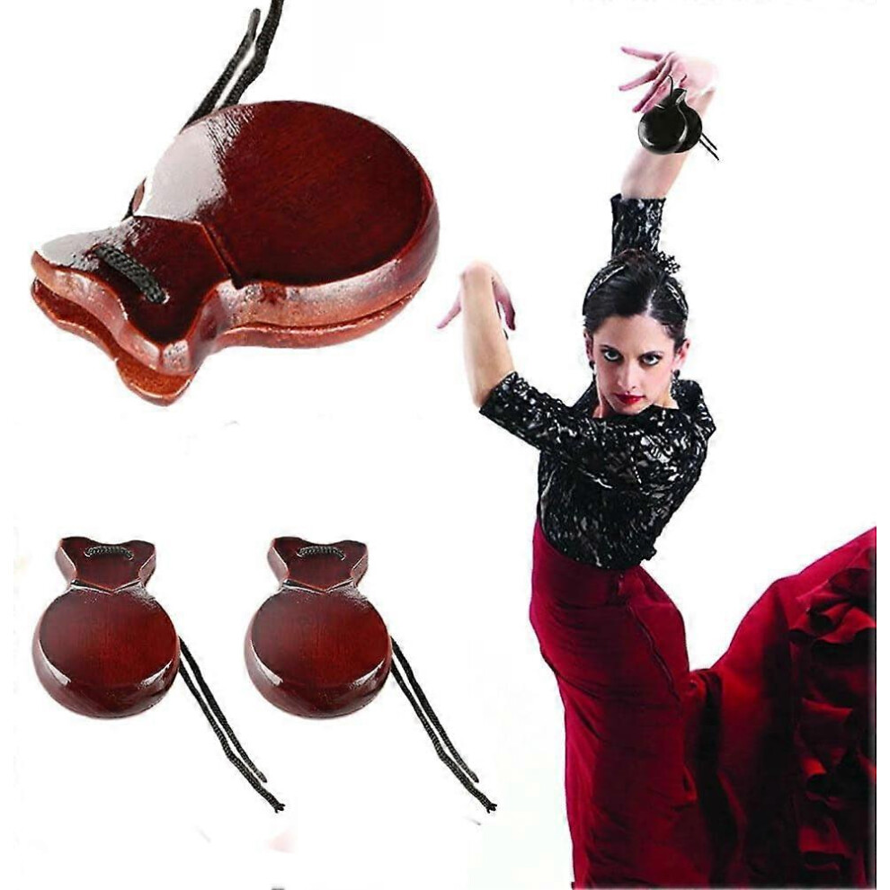 (brown) 1 Pairs Wood Spanish Castanets Flamenco Dance Castanets, Traditional Spanish Flamenco Castanets Hand Castanets Percussion Instrument
