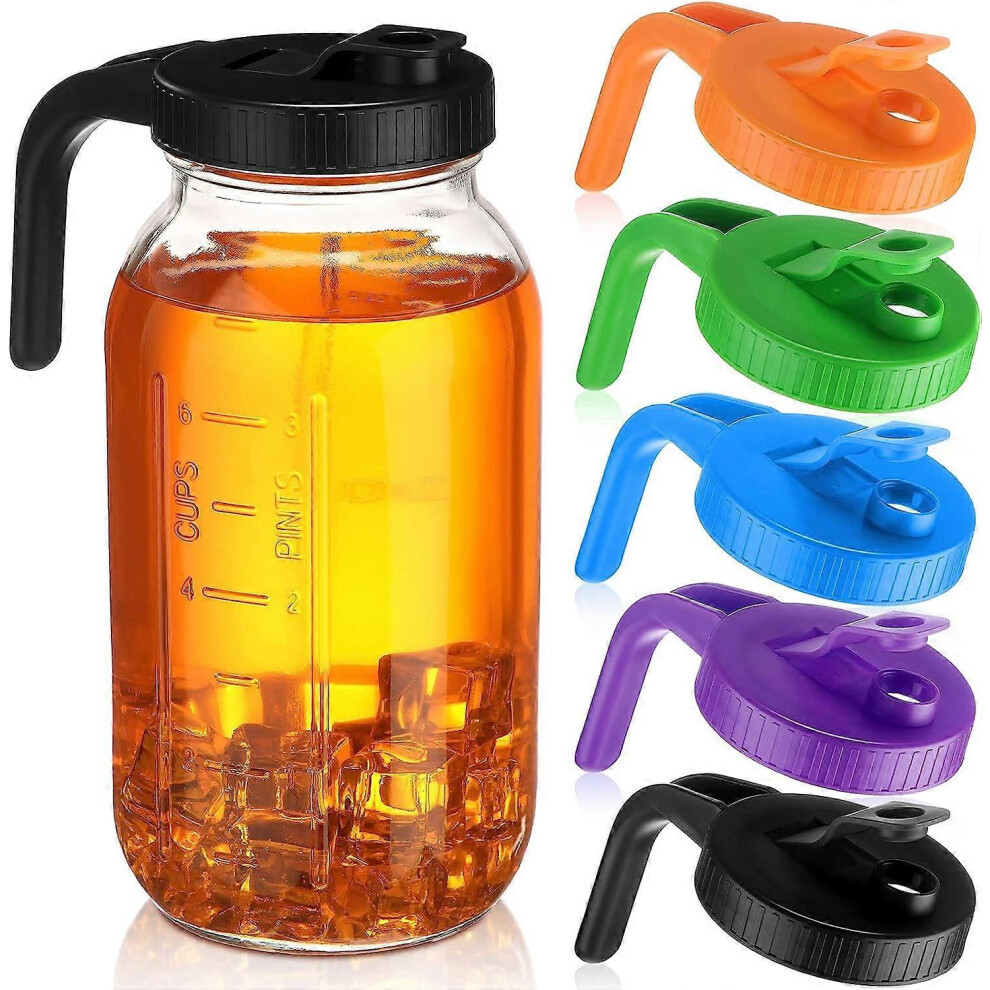 (Colorful) 5pcs Wide Mouth Mason Jar Pour Spout Lids with Handle Reusable Plastic Flip Cap Lid, Leak Proof Airtight Seal, Jar Not Included