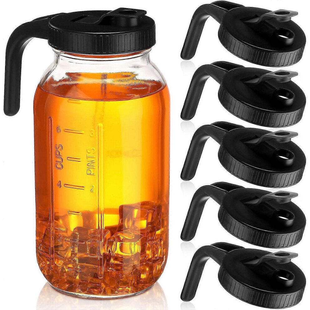 (Black) 5pcs Wide Mouth Mason Jar Pour Spout Lids with Handle Reusable Plastic Flip Cap Lid, Leak Proof Airtight Seal, Jar Not Included
