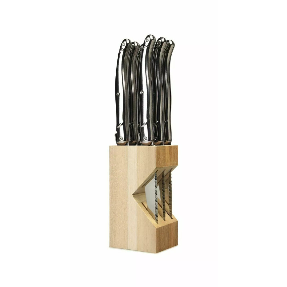 Set of 6 Stainless Steel Steak Knives With Wooden Block Stand Holder