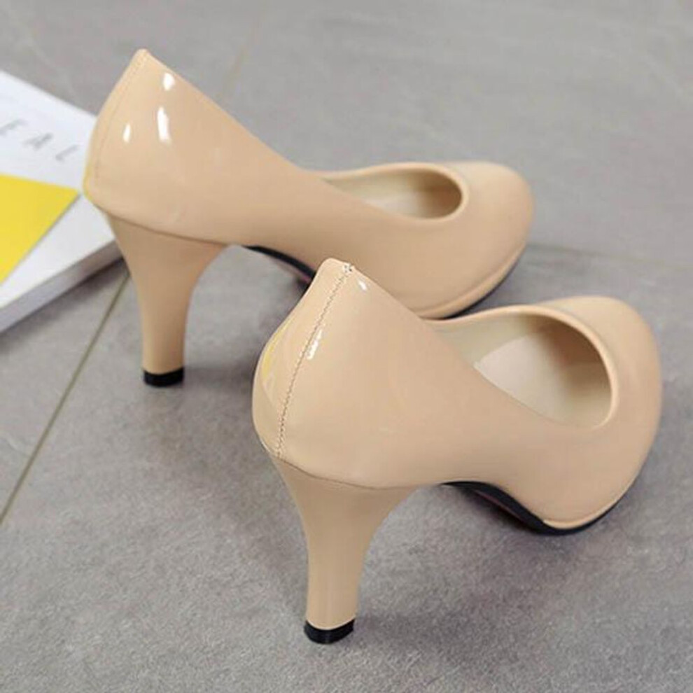 (apricot, 40) Fashion Women&apos;s Leather Round Head Elegant Business Attire Low Heels Shoes OL Arashi Size 34-42