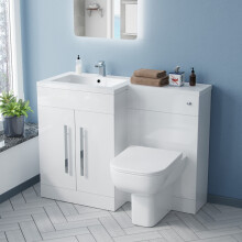White Gloss LH Vanity Unit Basin Cabinet 1100mm and Rimless BTW Toilet