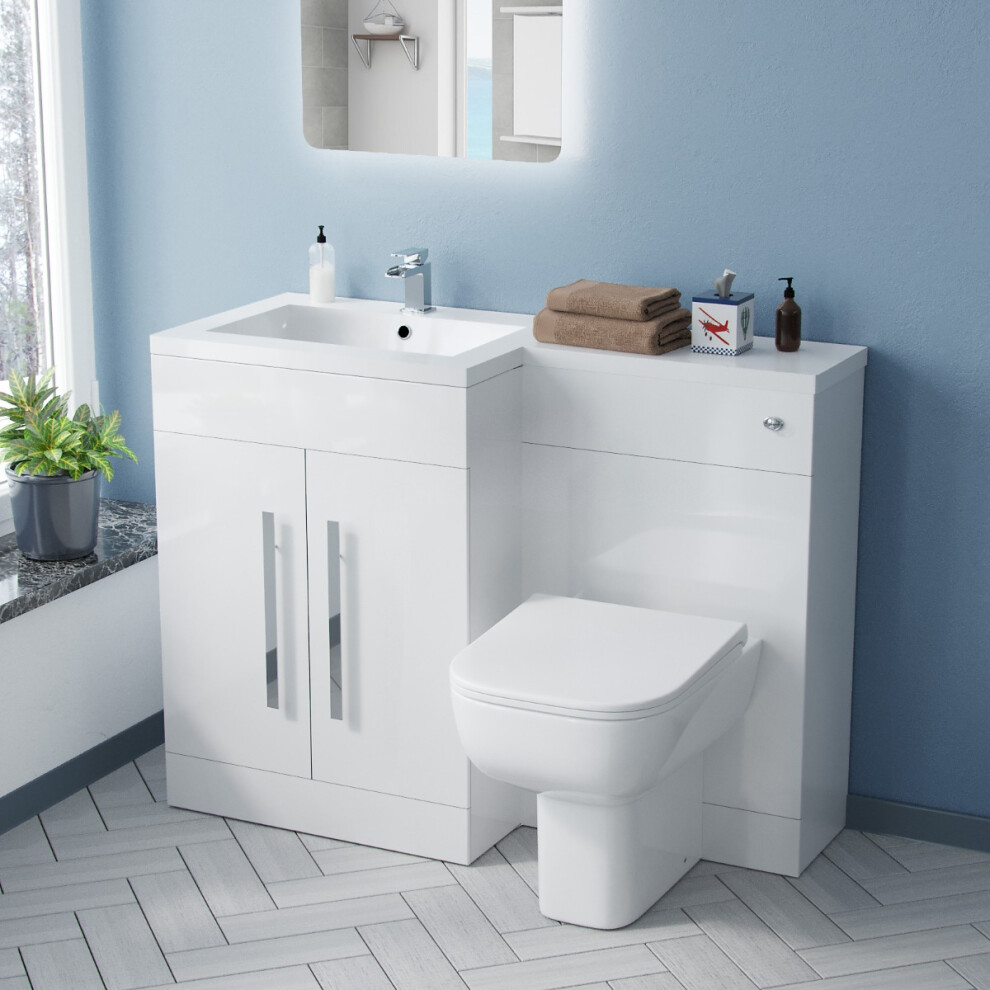 Nes Home Gloss Lh Vanity Unit Basin Cabinet 1100Mm And Rimless Btw Toilet White