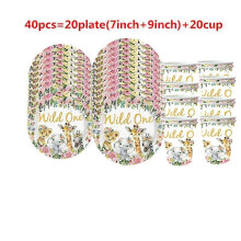 (40PCS) 1set Pink Wild One Party Disposable Safari Jungle Tableware Cups 20people use Kids Party Birthday First 1st Birthday Supplies