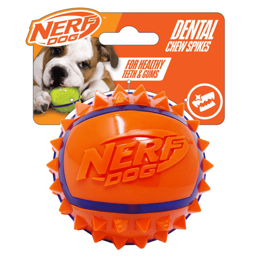 Nerf Dog Spike Ball Throw & Fetch Toy With Dental Chew Spikes 3.5in