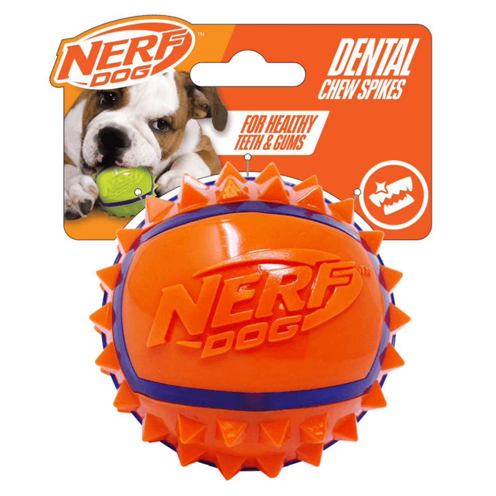 Nerf Dog Spike Ball Throw & Fetch Toy With Dental Chew Spikes 3.5In