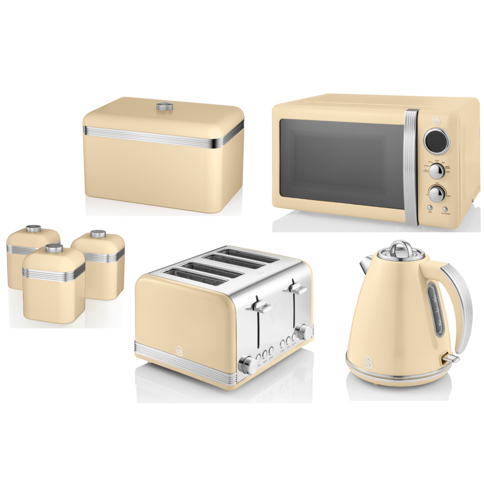 SWAN Retro Cream Kettle Toaster Microwave Bread Bin & Canisters Set
