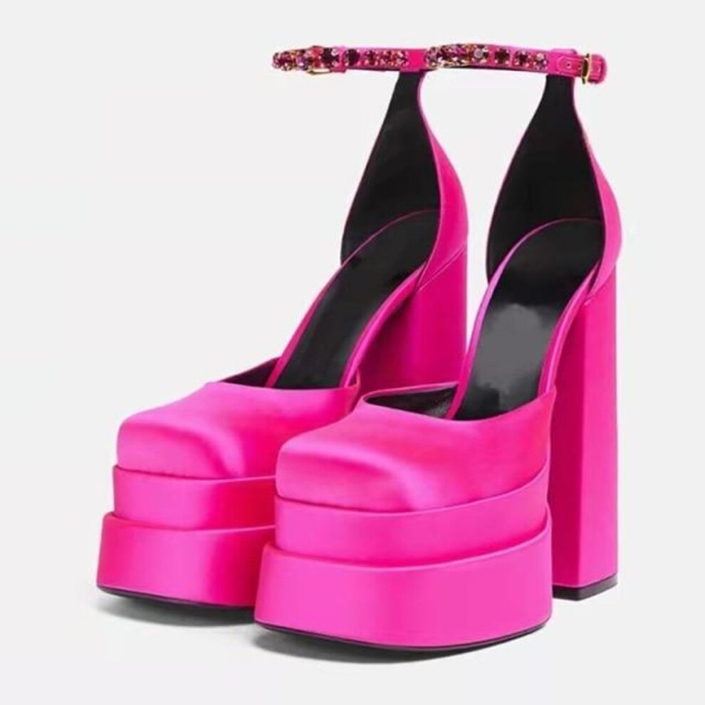 (rose red, 39) Women&apos;s Pumps High Heels Platform Sandals Sexy Dress Party Wedding Shoes Women Square Toe High Heel Crystal Female Sandal