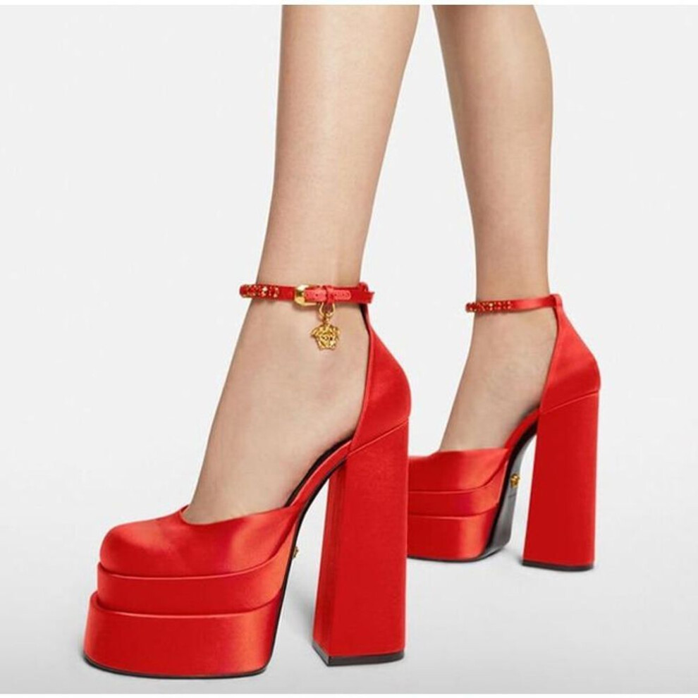 (red, 41) Women&apos;s Pumps High Heels Platform Sandals Sexy Dress Party Wedding Shoes Women Square Toe High Heel Crystal Female Sandal