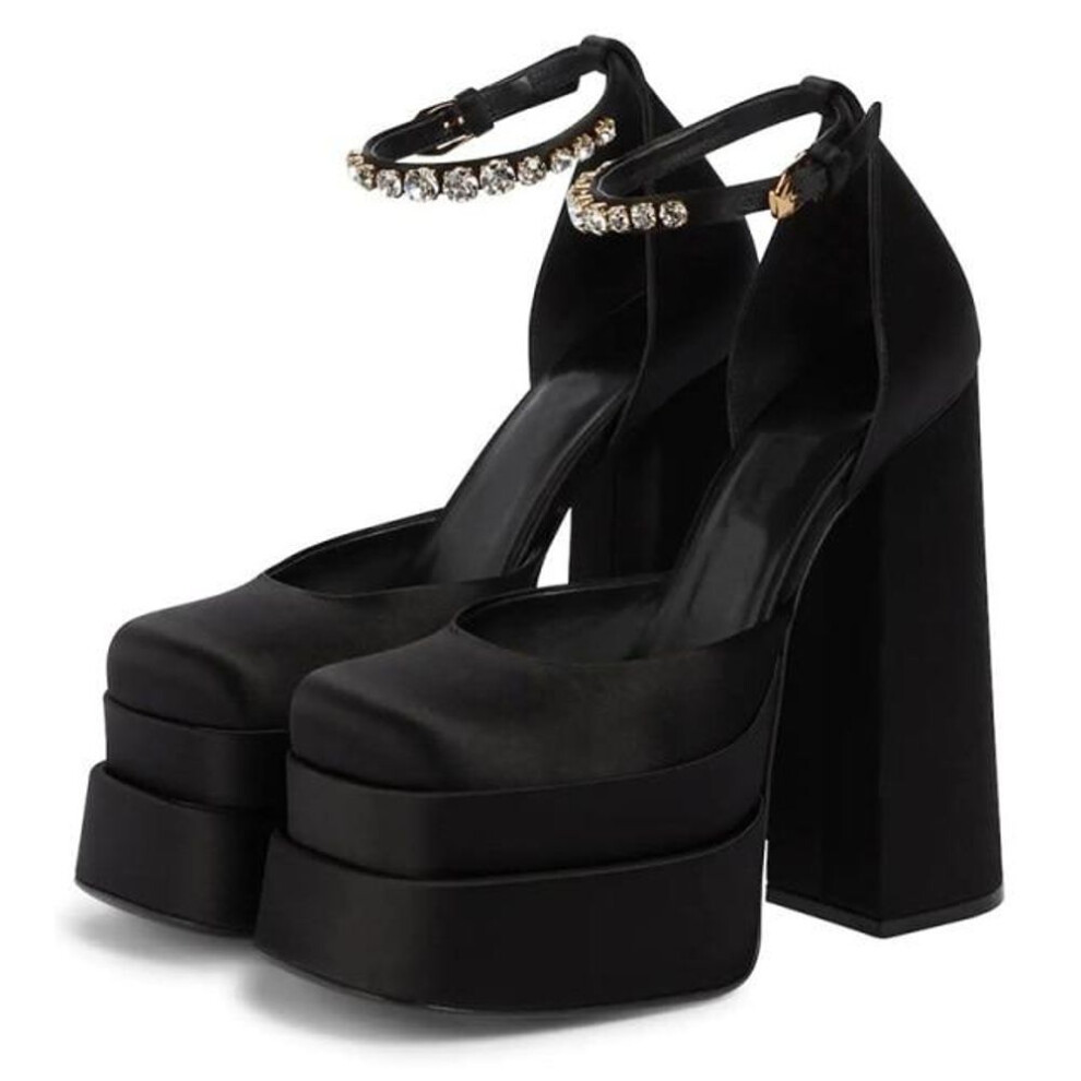 (black, 37) Women&apos;s Pumps High Heels Platform Sandals Sexy Dress Party Wedding Shoes Women Square Toe High Heel Crystal Female Sandal