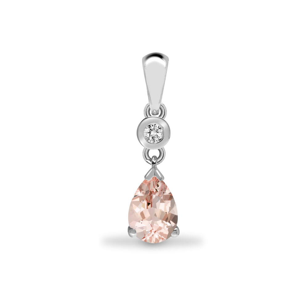 Jewelco London 9ct White Gold Rubover 0.04ct Diamond and Pear Peach 0.7ct Morganite Happy Tears Solitaire Drop Pendant - 9P149