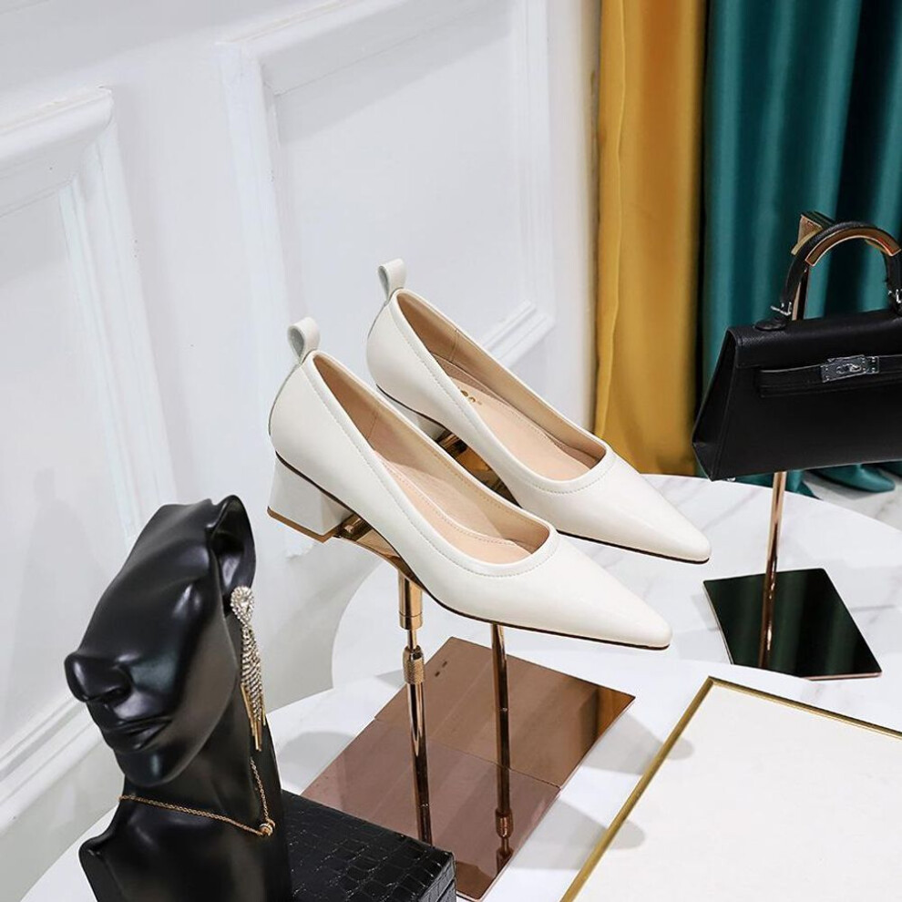 (off white, 41) Fashion Simple Thick Heel Shallow Pointed OL Women&apos;s Shoes