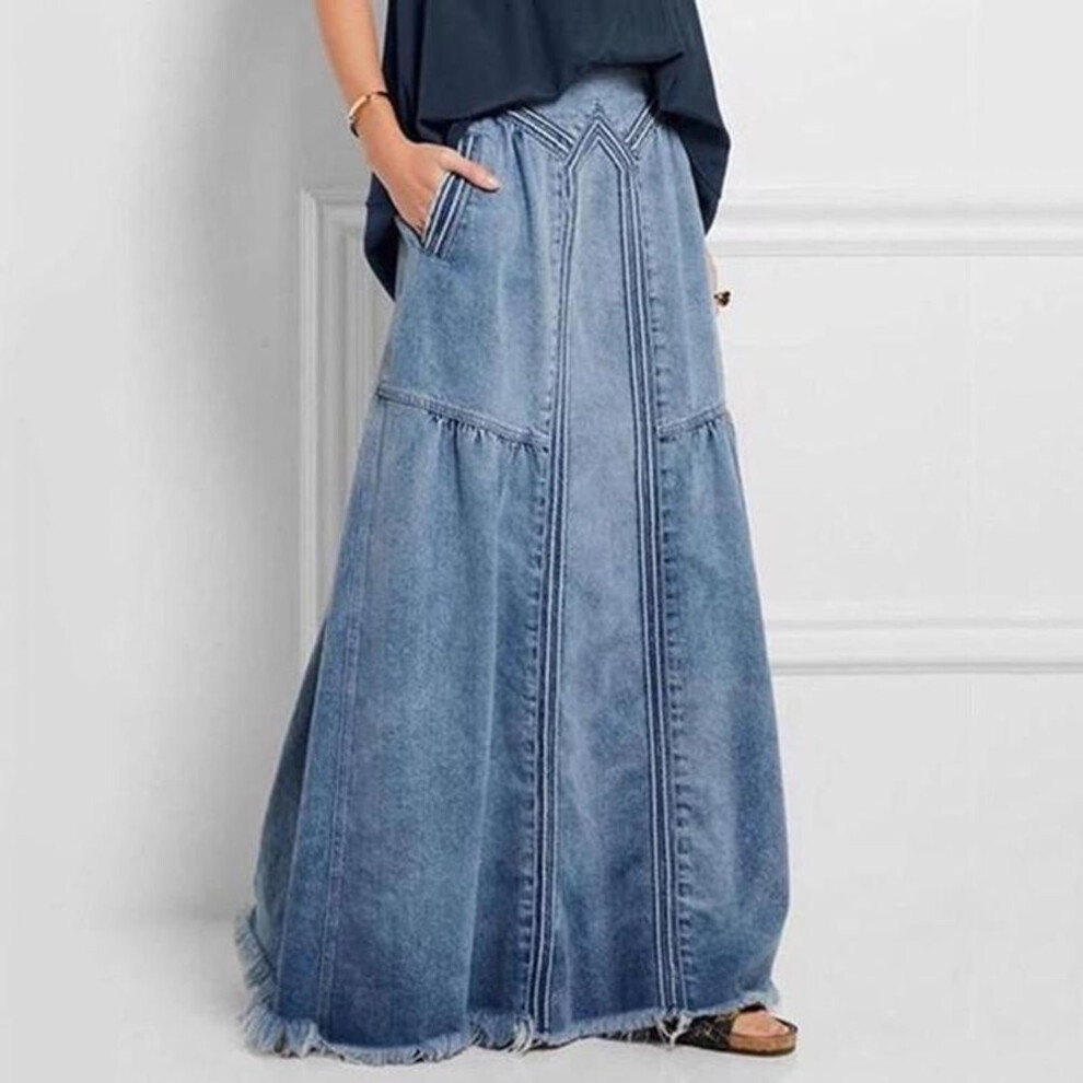 (light blue, XL) Plus Size Women Spring and Autumn Fashion Skirt Solid Color High Waist Casual Ankle-Length Denim Skirts