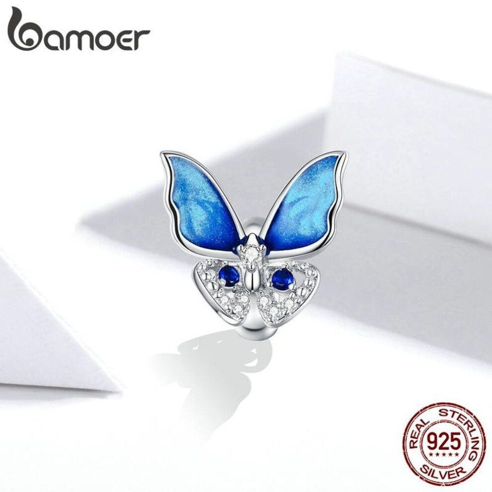 BAMOER 925 Sterling Silver Sparkling Colorful Cubic Zirconia Blue Butterfly Charm Beads for Original 3mm Bracelets & Necklaces