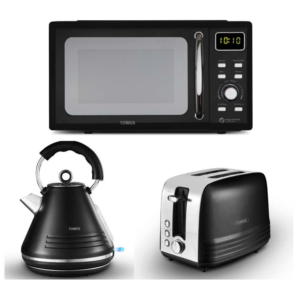 Tower Ash Black Pyramid Kettle, 2 Slice Toaster & Microwave TT24041BLK