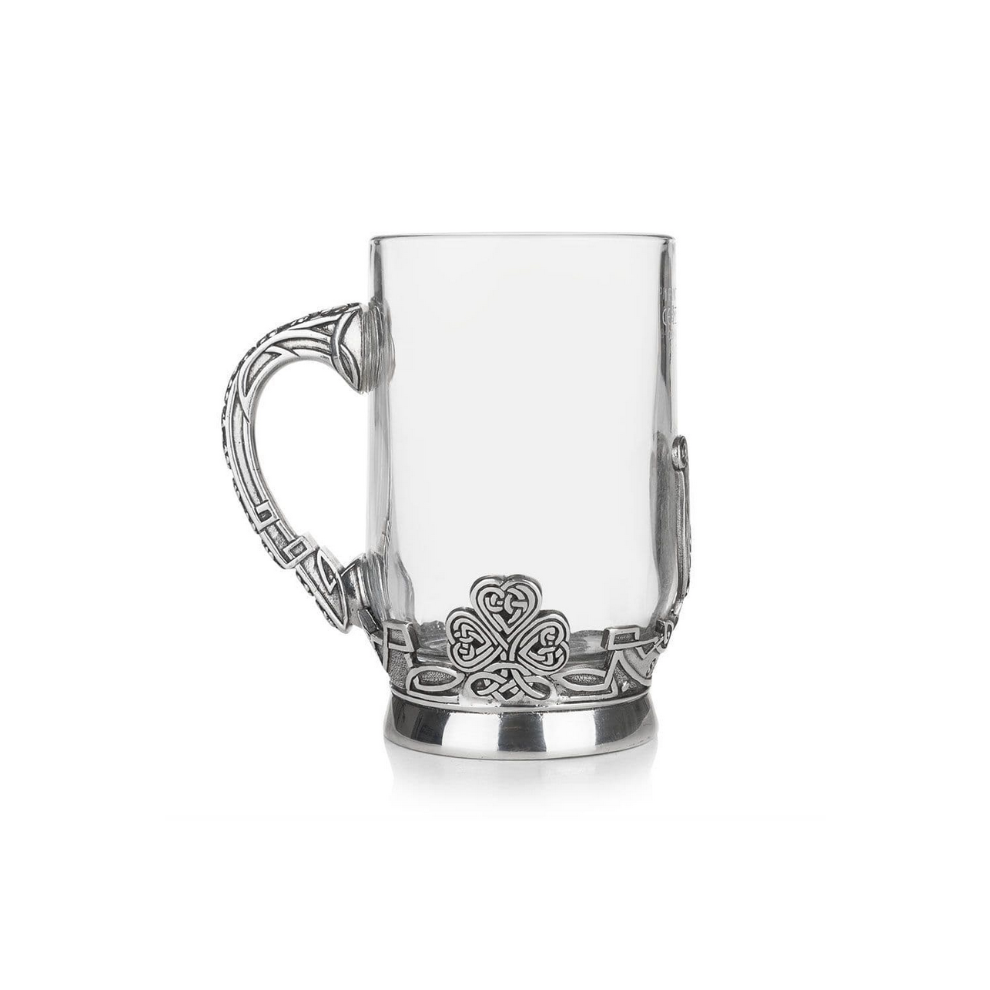 Ae Williams Stunning Pewte Irish Glass Pint Tankard With Celtic Knot Clover And Harp Design