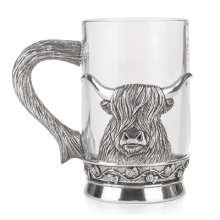 Stunning Pewter and Glass Pint Tankard featuring a Scottish Highland Cow Coo