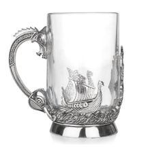 Stunning Pewter and Glass Pint Tankard featuring a Viking And Longship With Serpent Handle