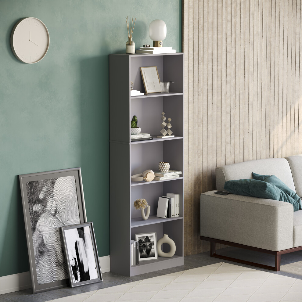 (Grey) Cambridge 5 Tier Bookcase Tall Shelf Storage Unit