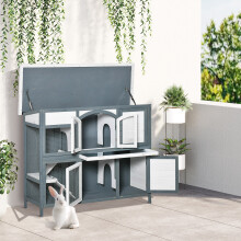 PawHut Rabbit Hutch, Guinea Pig Hutch 2-Tier Wooden Cage w/ Ramp Roof, Grey