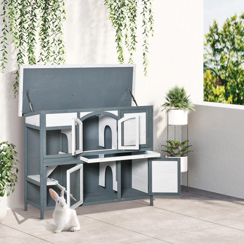 PawHut Two-Tier Wooden Rabbit Hutch w/ Openable Roof, Slide-Out Tray, Ramp