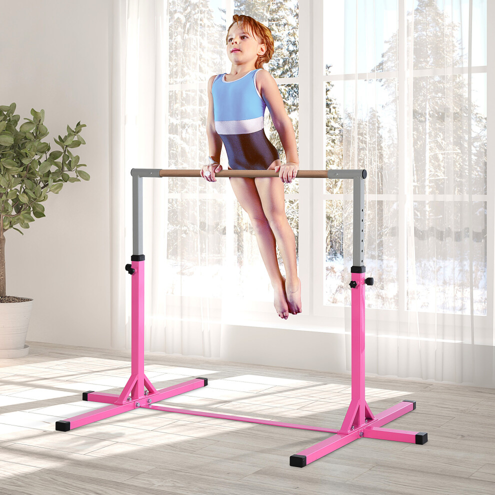 Homcom Adjustable Kids Gymnastics Bar Horizontal Training Steel Frame Wood Pink