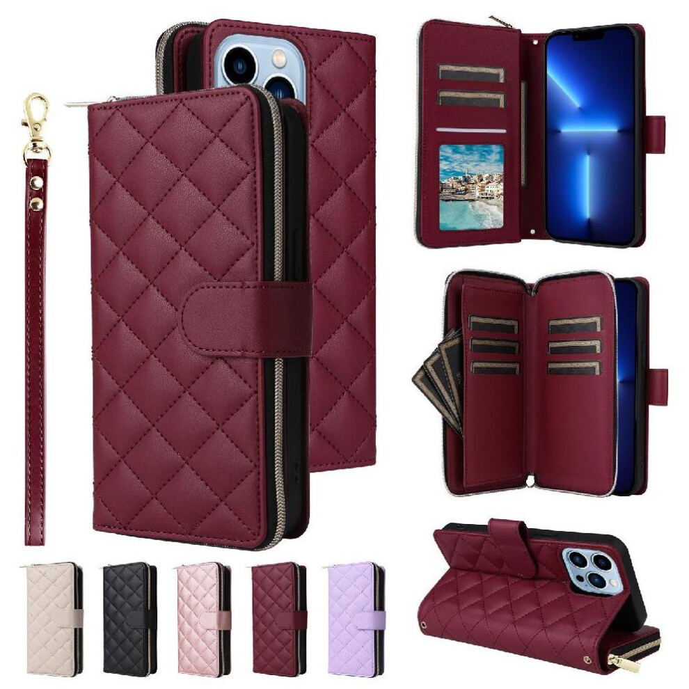 (Red) Wallet Case For Iphone 13 Pro Max Magnetic Closure Crossbody Strap Kickstand 9 Card Holder Wrist Strap Red 764549248711