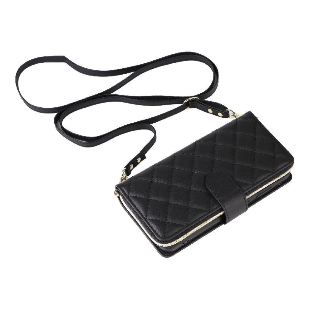 (Black) Wallet Case For Iphone 14 Wrist Strap Magnetic Closure 9 Card Holder Crossbody Strap Kickstand Black 764549248872