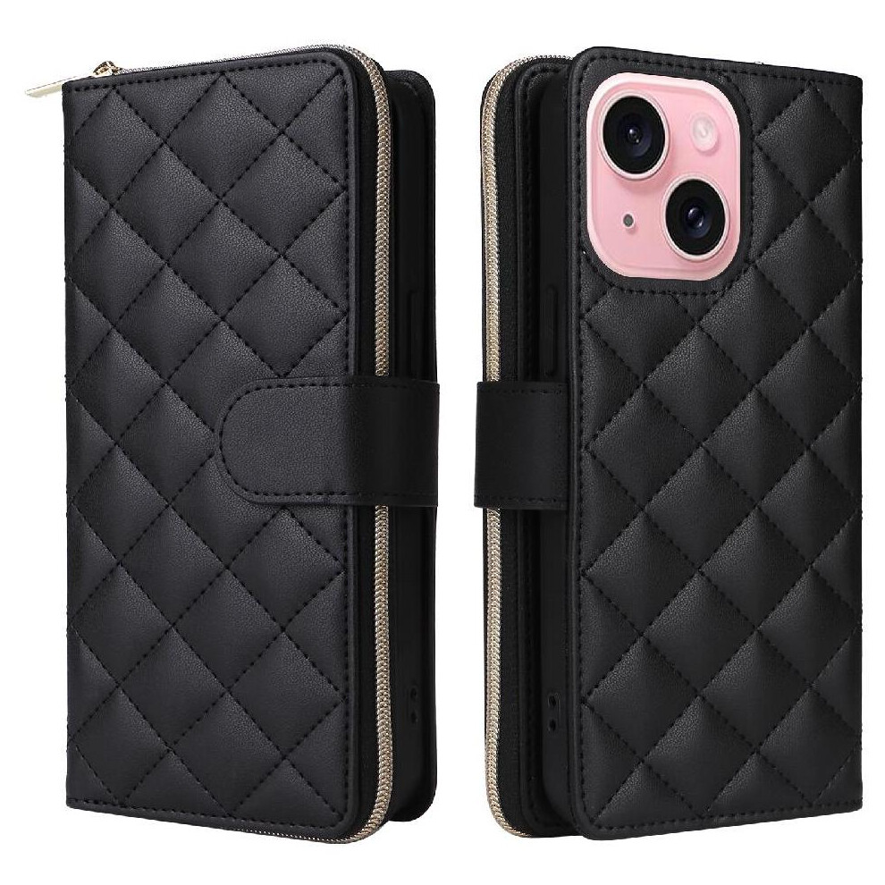 (Black) Wallet Case For Iphone 15 Wrist Strap Crossbody Strap Magnetic Closure Kickstand 9 Card Holder Black 764549249022