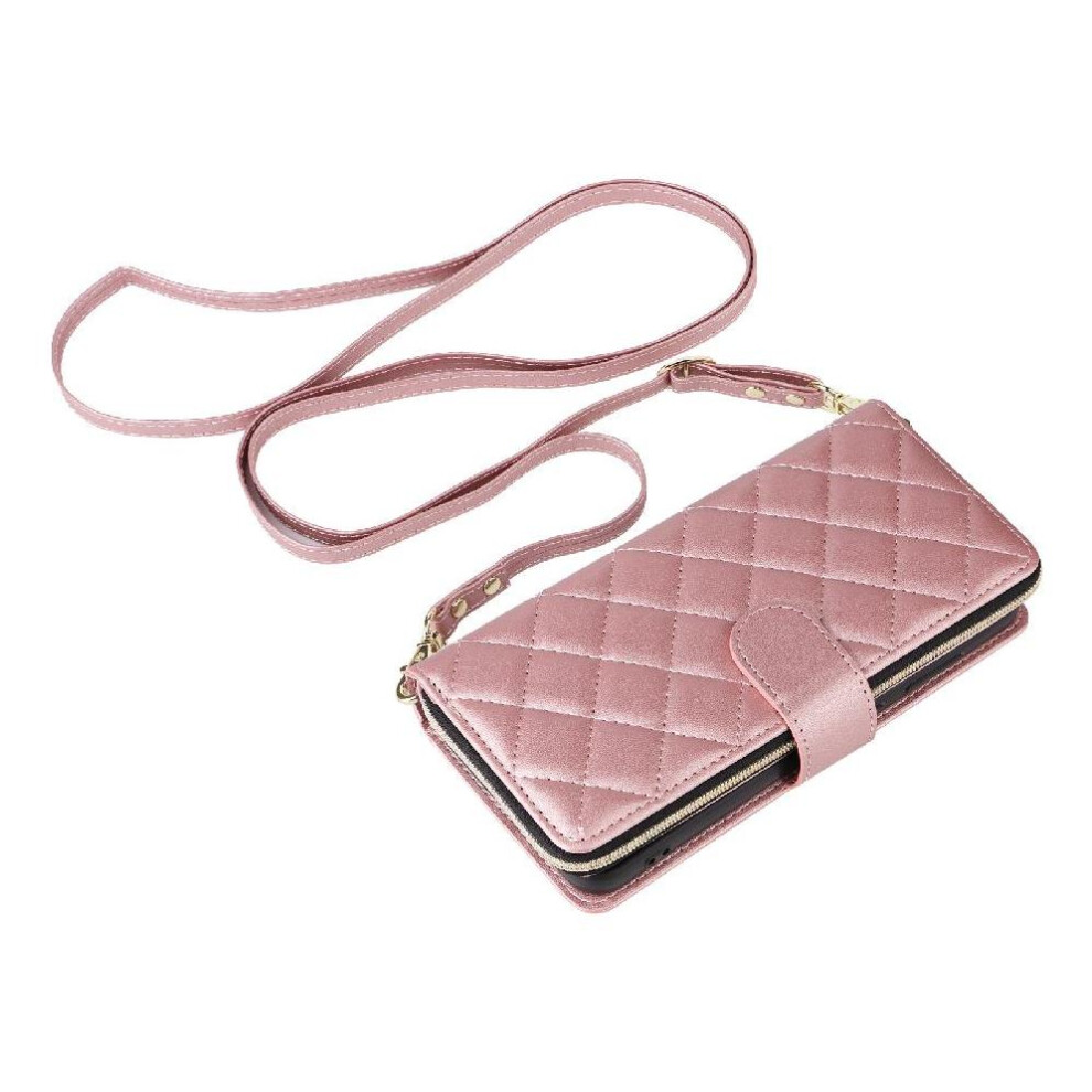 (Rose ) Wallet Case For Iphone 15 Wrist Strap Crossbody Strap Magnetic Closure Kickstand 9 Card Holder Gold 764549249039