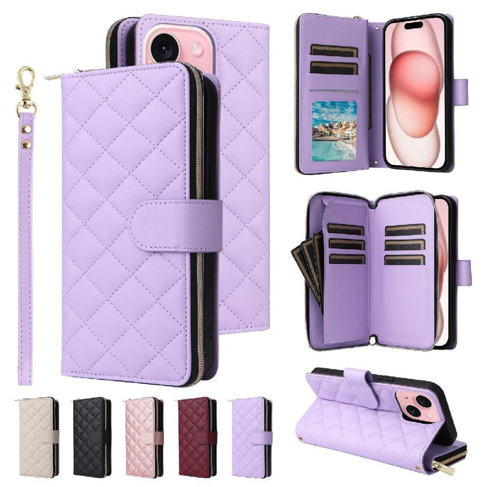 (Purple) Wallet Case For Iphone 15 Wrist Strap Crossbody Strap Magnetic Closure Kickstand 9 Card Holder Purple 764549249053