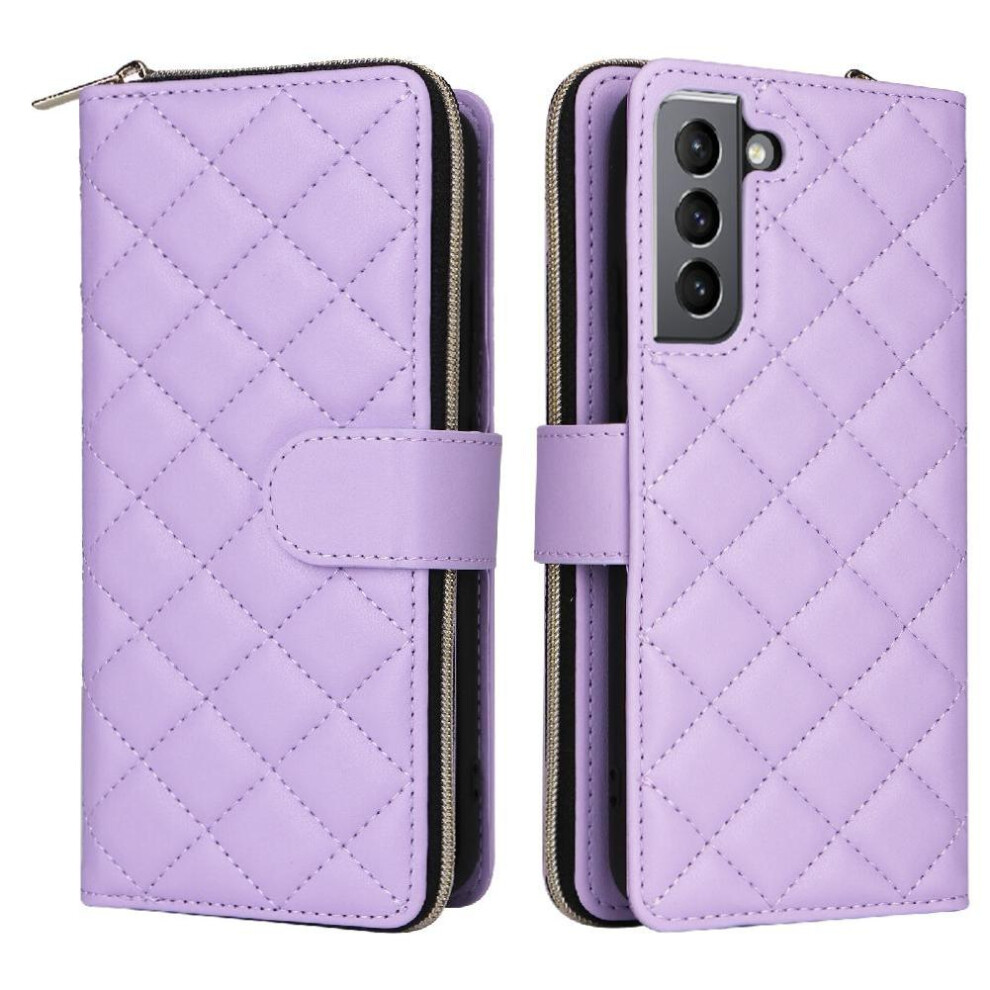 (Purple) Wallet Case For Samsung Galaxy S21 5G Kickstand Crossbody Strap 9 Card Holder Magnetic Closure Wrist Strap Purple 764549249251