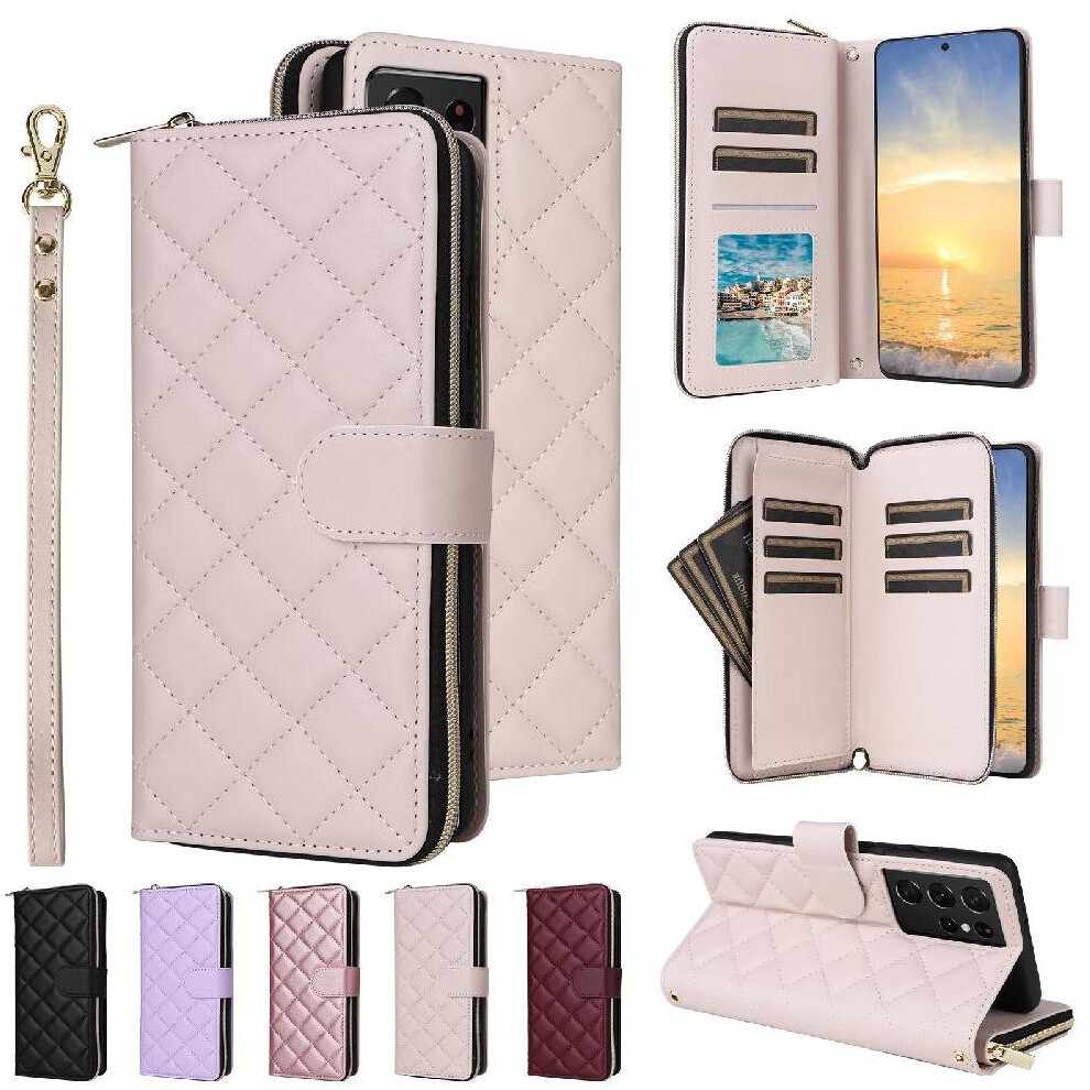 (White) Wallet Case For Samsung Galaxy S21 Ultra 5G Wrist Strap Kickstand Magnetic Closure Crossbody Strap 9 Card Holder White 764549249343