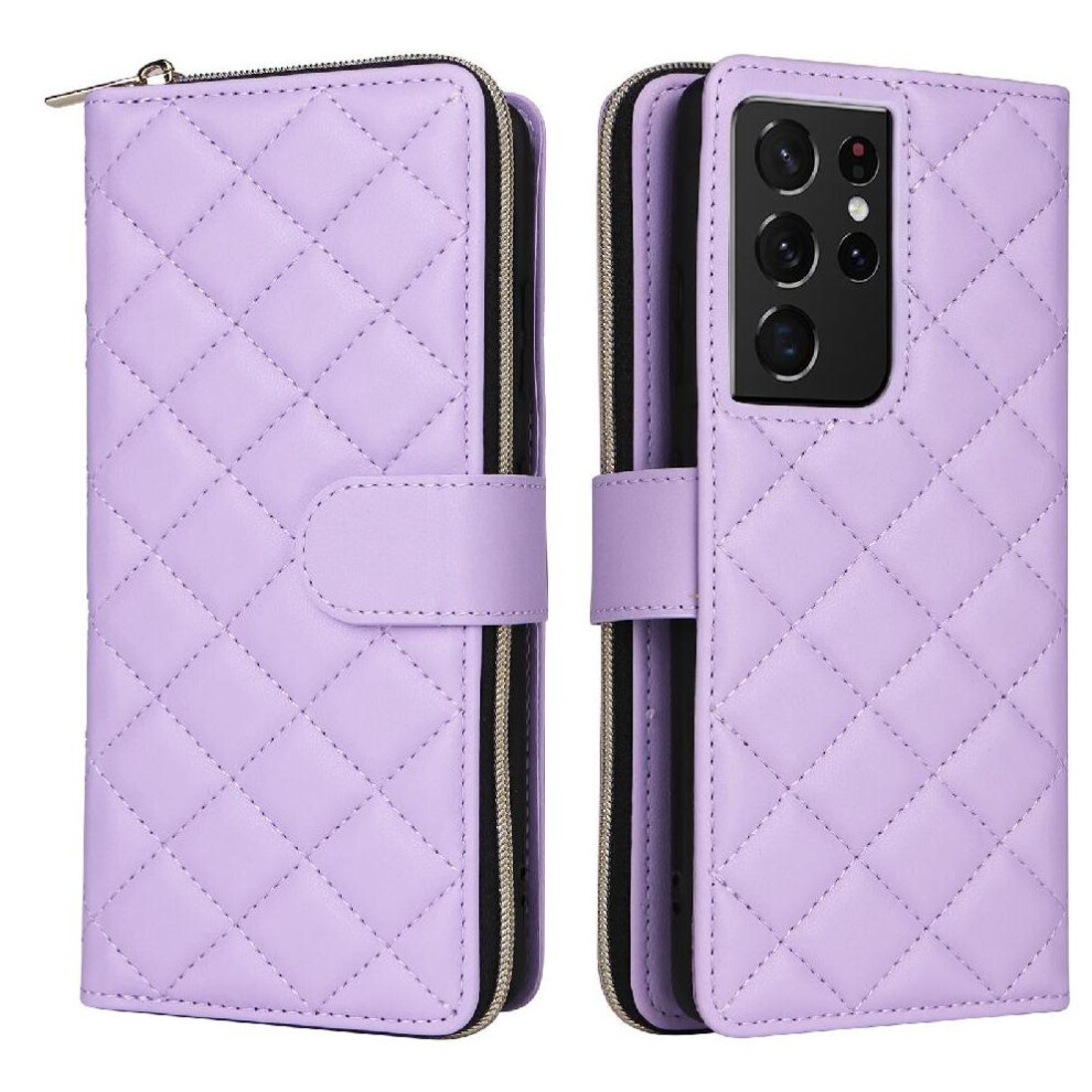 (Purple) Wallet Case For Samsung Galaxy S21 Ultra 5G Wrist Strap Kickstand Magnetic Closure Crossbody Strap 9 Card Holder Purple 764549249350